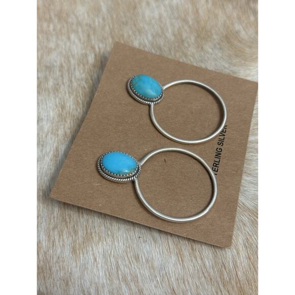 Huge Native American Sterling Silver Blue Kingman Turquoise Hoop Post Earrings - Picture 6 of 16